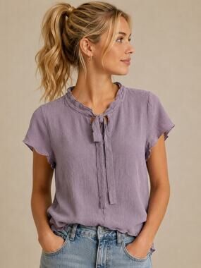 LR3505 A La Fois Lavender Tie Neck Textured Blouse Short Sleeve Size Small